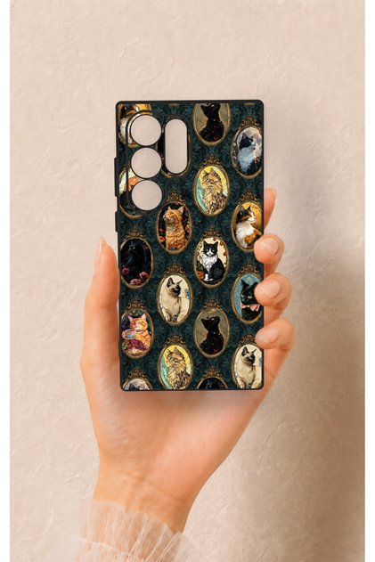 Samsung S24 Ultra Compatible Vintage Cat Portraits Patterned Silicone Case
