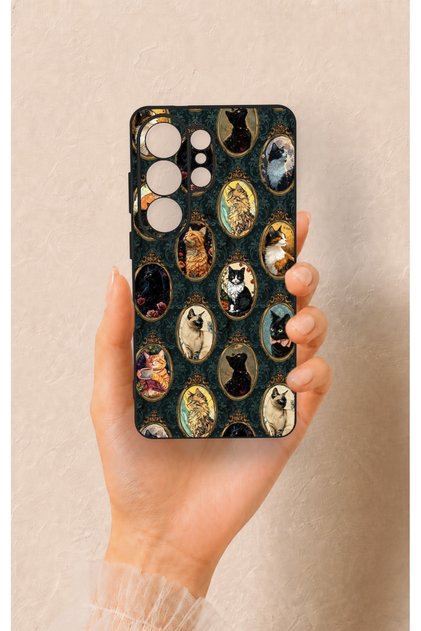 Samsung S26 Ultra Compatible Vintage Cat Portraits Patterned Silicone Case