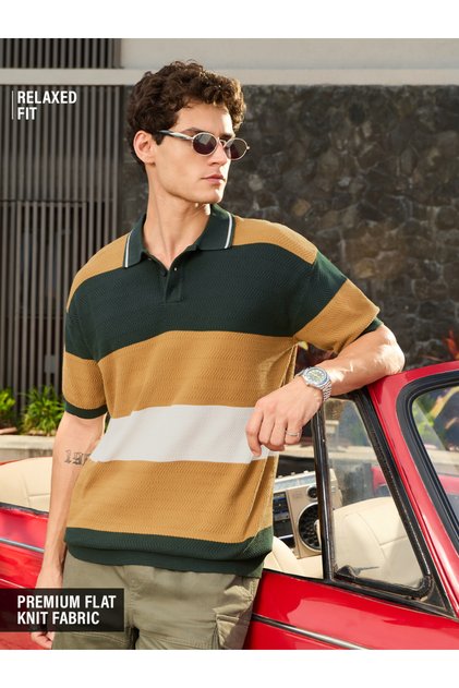 Men Multi-Color Block Knit Relaxed Fit Polo T-Shirt