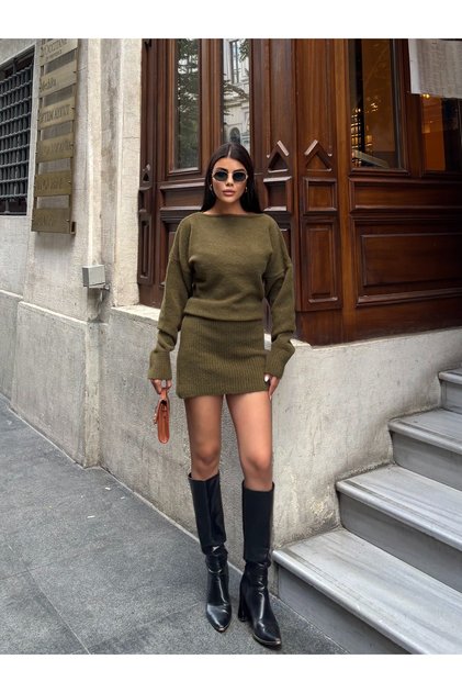 Women's Khaki Boat Neck Knitwear Dress