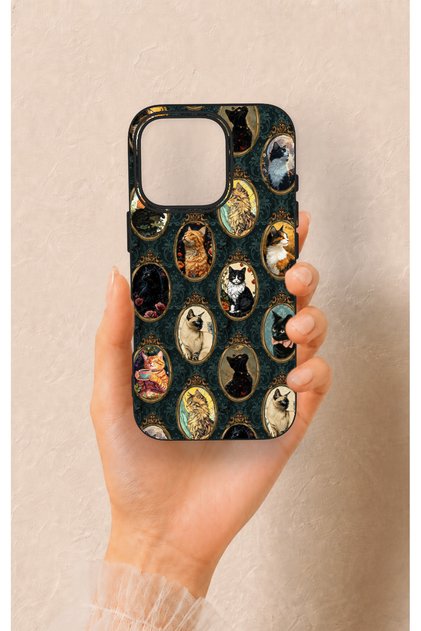 iPhone 16 Pro Compatible Vintage Cat Portraits Patterned Silicone Case