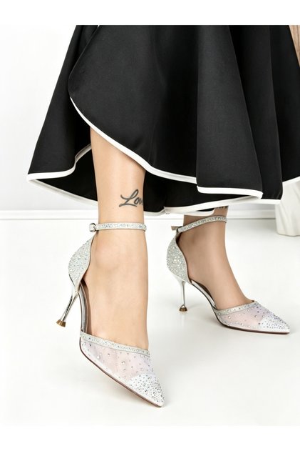 Pantofi stiletto argintii din material textil Velessa
