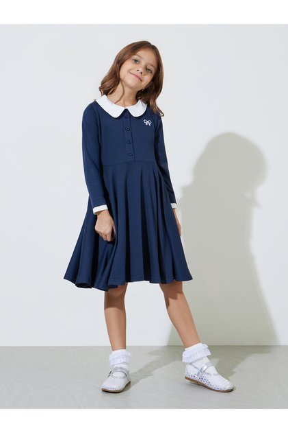Girls Navy Blue Button Details Peter Pan Collar A-Line Midi Dress