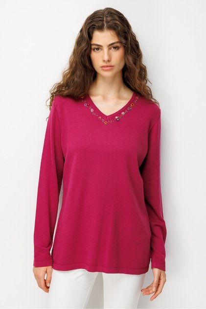 Women's V-Neck Collar Embroidered Blouse Sıklamen