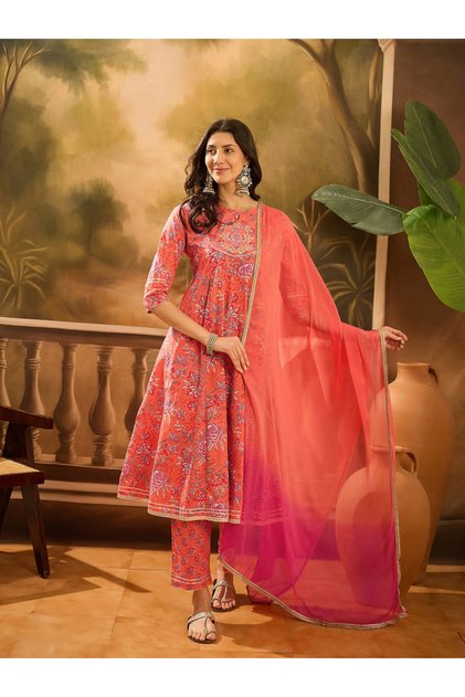 Orange Floral Print Flared Kurta and Pants Set with Dupatta