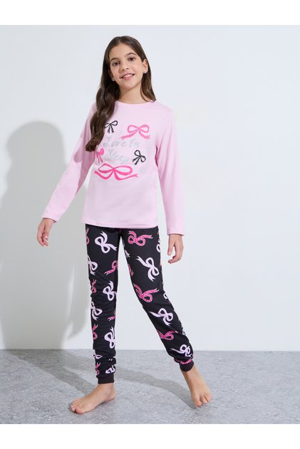 Teen Girls Pink All Over Bow Print Sweatshirt and Black Cuffed Pants Pyjama Set