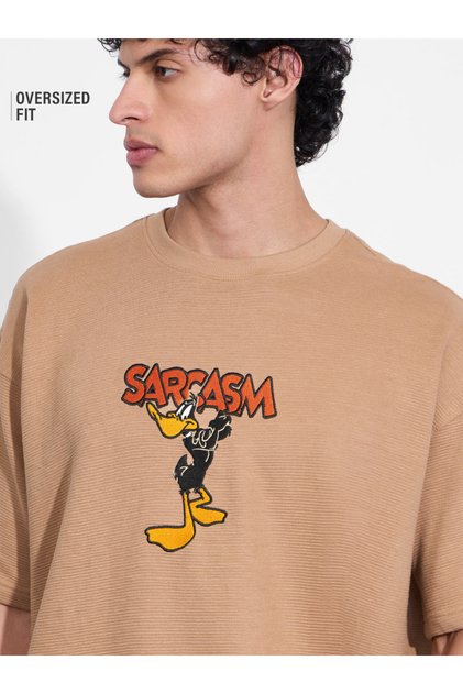 Beige Embroidered Daffy Duck Sarcasm Graphic Oversized T-Shirt