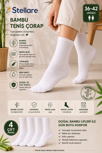 4 Pairs of Unisex White Bamboo Tennis Socks - Breathable, Comfortable Elastic, Anti-Sweat Sports & Casual Half Socks (36-42)