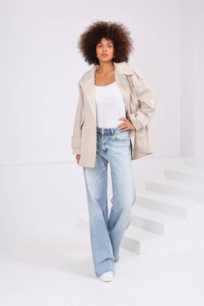 Women's Oversize Short Trench Coat Stand Collar Buttoned Pocket Trench Coat