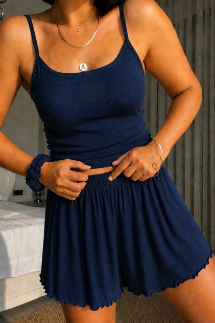 Navy Blue Corduroy Mini Skirt Shorts Pajama Set