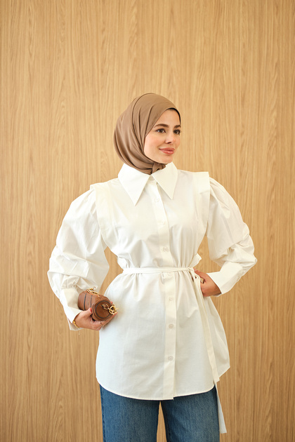 Women's Shoulder Detail Waist Tie Shirt White