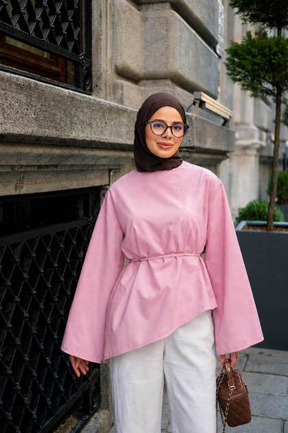 Women's Waist-Tie Skirt Top Blouse Powder