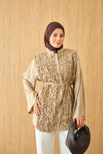 Women's Waist-Tie Front Ruffle Shirt Khaki Green