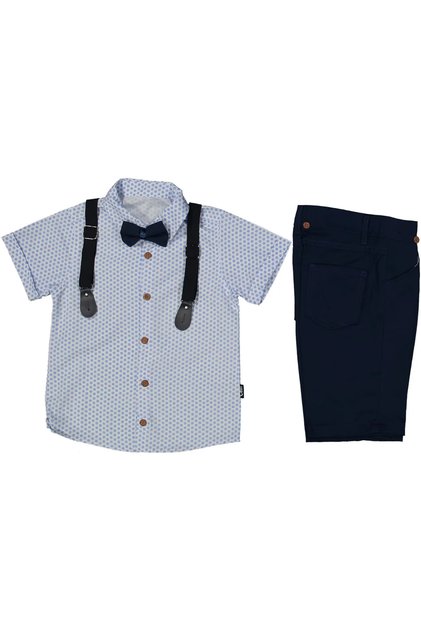 Boy's White Blue Navy Patterned Shirt with Bow Tie and Straps Short Sleeve 3-Piece Set