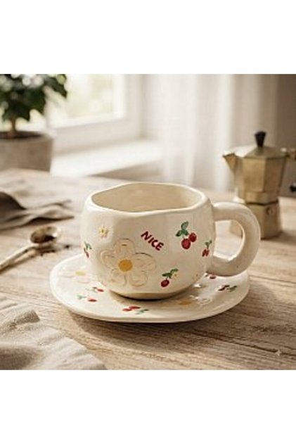 Floral Patterned Cream Turkish Coffee Cup - Gift Ceramic Turkish Coffee Cup
