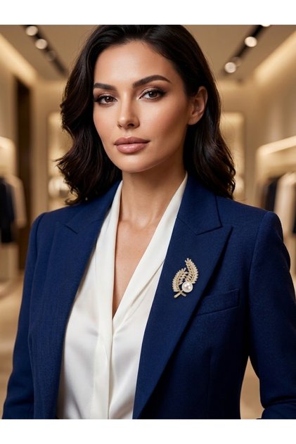 GOLD ÇİFT YAPRAK MODEL İNCİ İLE SÜSLENMİŞ PARLAK ZİRKON TAŞLARLA TASARLANMIŞ BROŞ