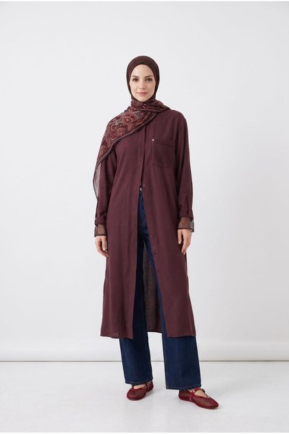Trend File Detaylı Yırtmaçlı Gizli Düğmeli Keten Kumaş TAM KALIP Uzun Tunik