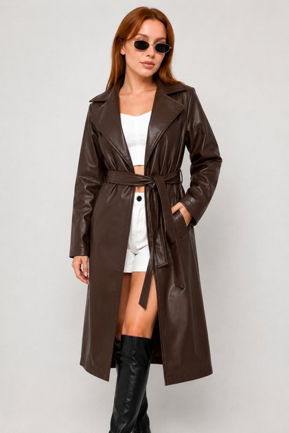 Belted Buttonless Bitter Brown Faux Leather Long Trench Coat