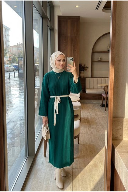 Women's Belted Ribbed Long Knitwear Dress Contrast Ribbed Hijab Dress 135 cm