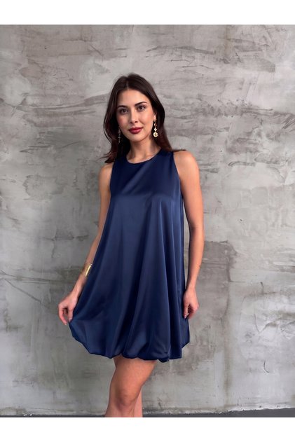 Women's Navy Blue Crew Neck Satin Mini Balloon Dress Nj181