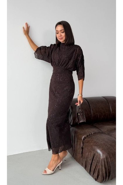 Rochie midi cu mâneci liliac, maro închis, cu sclipici, pentru femei ELT7277