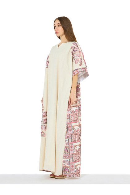Cream A-Line Maxi Kaftan with Patchwork Motif