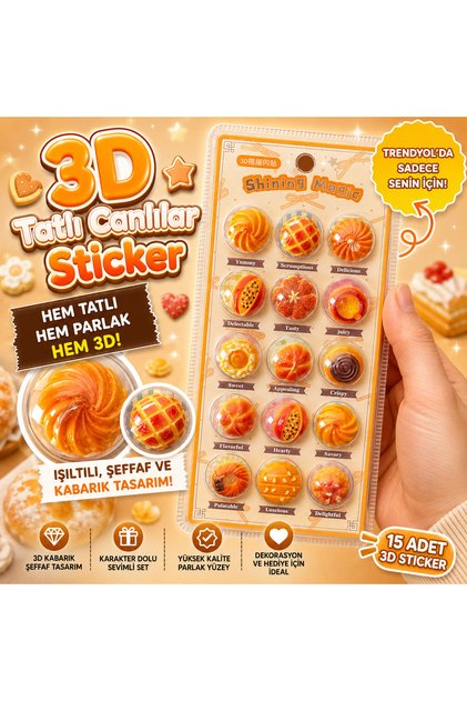3D Transparent Puffy Sticker Set 15 Pieces - Cute Sweets Decoration for Bags, Wardrobes, Phones, and Notebooks Kawaii Sticker