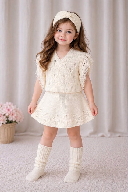 Girl's Knitwear Set of 4: Tasseled Sweater, Elastic Waist Skirt, Headband, Socks