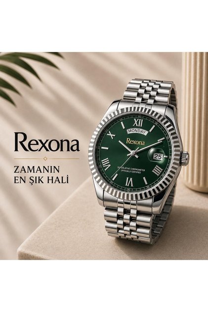 Men's Wristwatch - Green Dial Steel Band 42 mm with Calendar Display