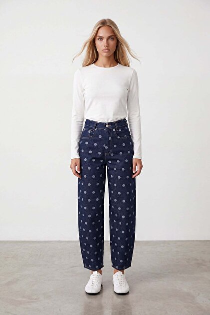 Women's navy blue polka dot jean pants alc-x15665