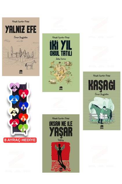 Reading Set for Grades 5, 6, 7, and 8: "How Humans Live" by Kaşağı, Two-Year School Holiday, Solo Efe 4 Book Set, 8-Piece Special Design Heart Bookmark Gift
