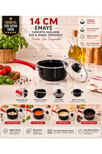 15 cm Enamel Egg Poaching Sauce & Food Pan Mini Pot with Glass Lid