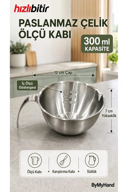 Paslanmaz Çelik Ölçü Kabı Karıştırma Kabı Sütlük Süt Potu 300 Ml