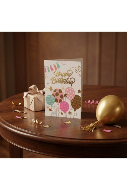 Felicitare pentru zi de nastere Happy Birthday, cu baloane si detalii aurii, plic inclus, 17x12 cm
