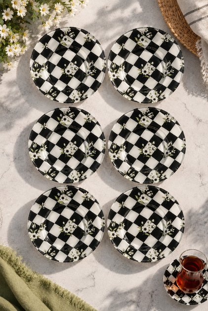 Set of 6 Glass Tea Plates – Black and White Checkered Floral Pattern – 6 Tea Plates
