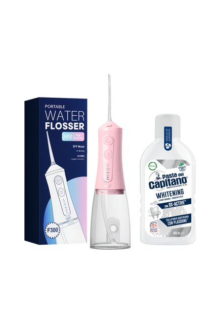Irigator oral portabil Sonic F300 Roz + Apă de gură pentru albire Del Capitano 400ml - Pachet promoțional