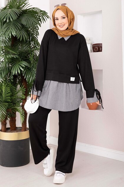 Shirt Collar Line Garnished Sports Double Suit Black