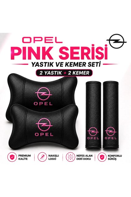 Opel Pink Serisi 2’li Boyun Yastığı + 2’li Emniyet Kemer Pedi Seti Siyah Pembe Nakışlı