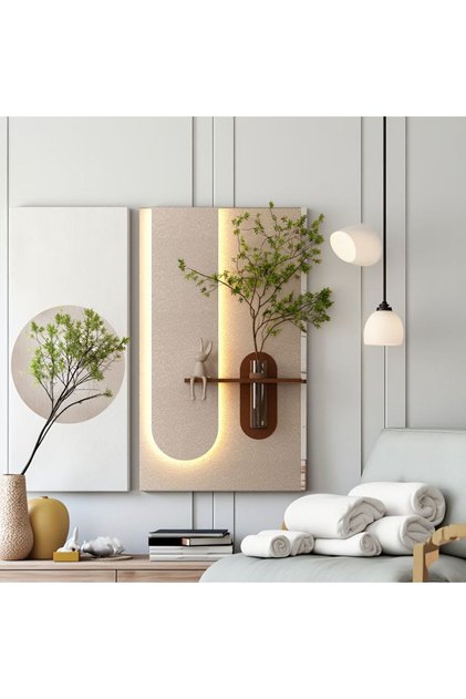 ديكور جداري LED قابل للتعديل مع نباتات اصطناعية - بتصميم ثلاثي الأبعاد، مزهرية زجاجية وزهور بحجم 58 سم × 98 سم