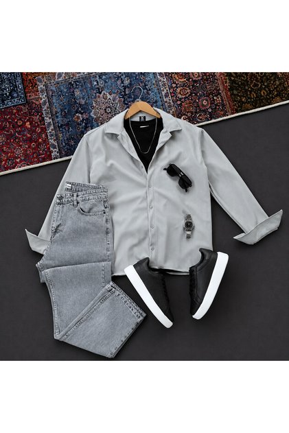 Corduroy Oversize Shirt + Baggy Jeans 2-Piece Combination