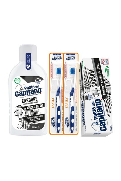 Pastă de dinți cu cărbune activ + Apă de gură cu cărbune activ + 2 periuțe de dinți cu peri moi – Pachet promoțional