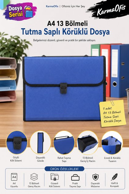 A4 13-Compartment Bellows File Folder with Handle | Lockable, Large Volume, Navy Blue Color