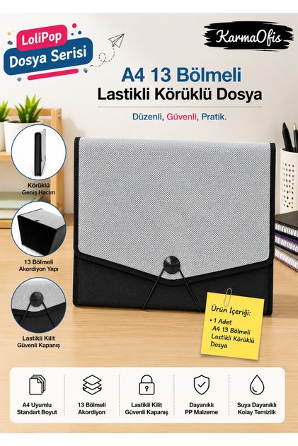 A4 13 Bölmeli Lastikli Körüklü Dosya | Akordiyon Evrak Düzenleyici Dosya | Siyah Renk