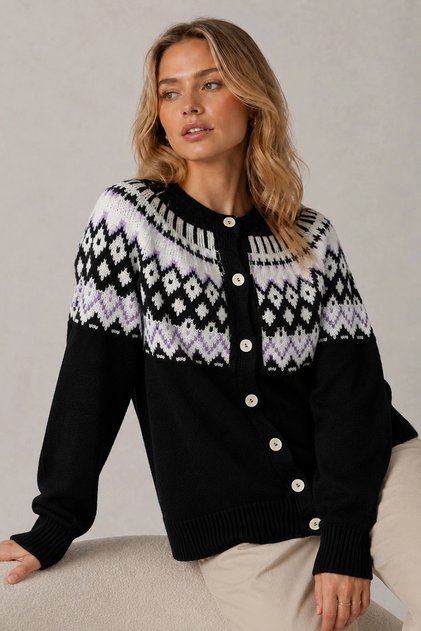 Women's Black Stylish Patterned Buttoned Crew Neck Knitwear Cardigan