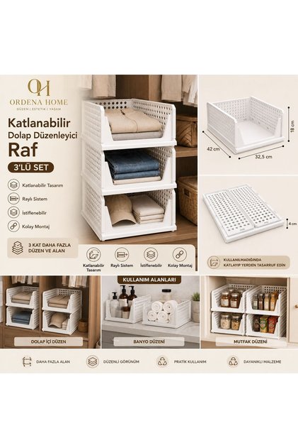 Home 3’lü Katlanabilir Dolap Düzenleyici Raf – Raylı İstiflenebilir Çok Amaçlı Organizer