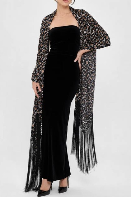 Leopard Printed Devoré Velvet Triangle Shawl with Fringe Details
