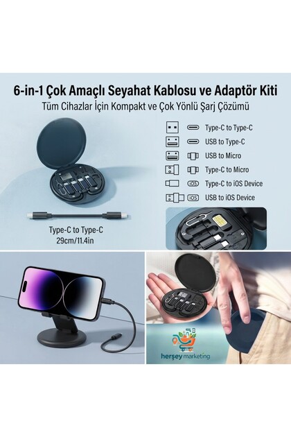60w Destekli Kablo Kutusu Seyahat Kablo Seti 5'i 1 Arada Usb Type-c Şarj Kablosu Seti Şarj Dönüştürücü Seyahat Şarj Kablosu