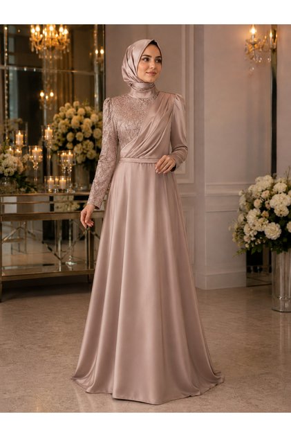 🌸 Tesettür Abiye Elbise –BEJ