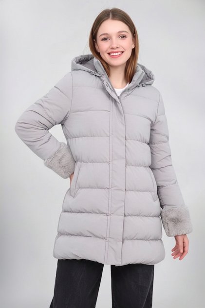 5-13 Years Old Girls' Coat with Hood, Detailed, Gray Inflatable Winter Coat