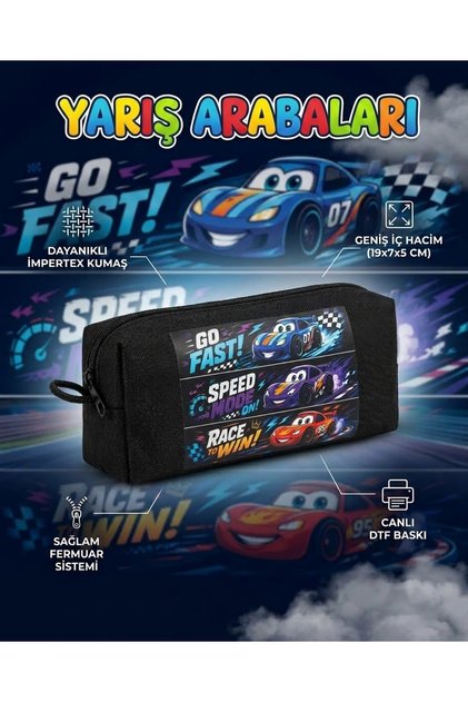 Racing Cars Themed Black Pencil Case 19X7X5 cm - Large Capacity Durable Impertex Fabric School Kal